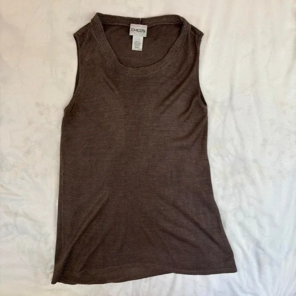 Brown Silk Knit Sleeveless Top Chicos Small Boho Coquette Whimsygoth Lightweight - Picture 7 of 8